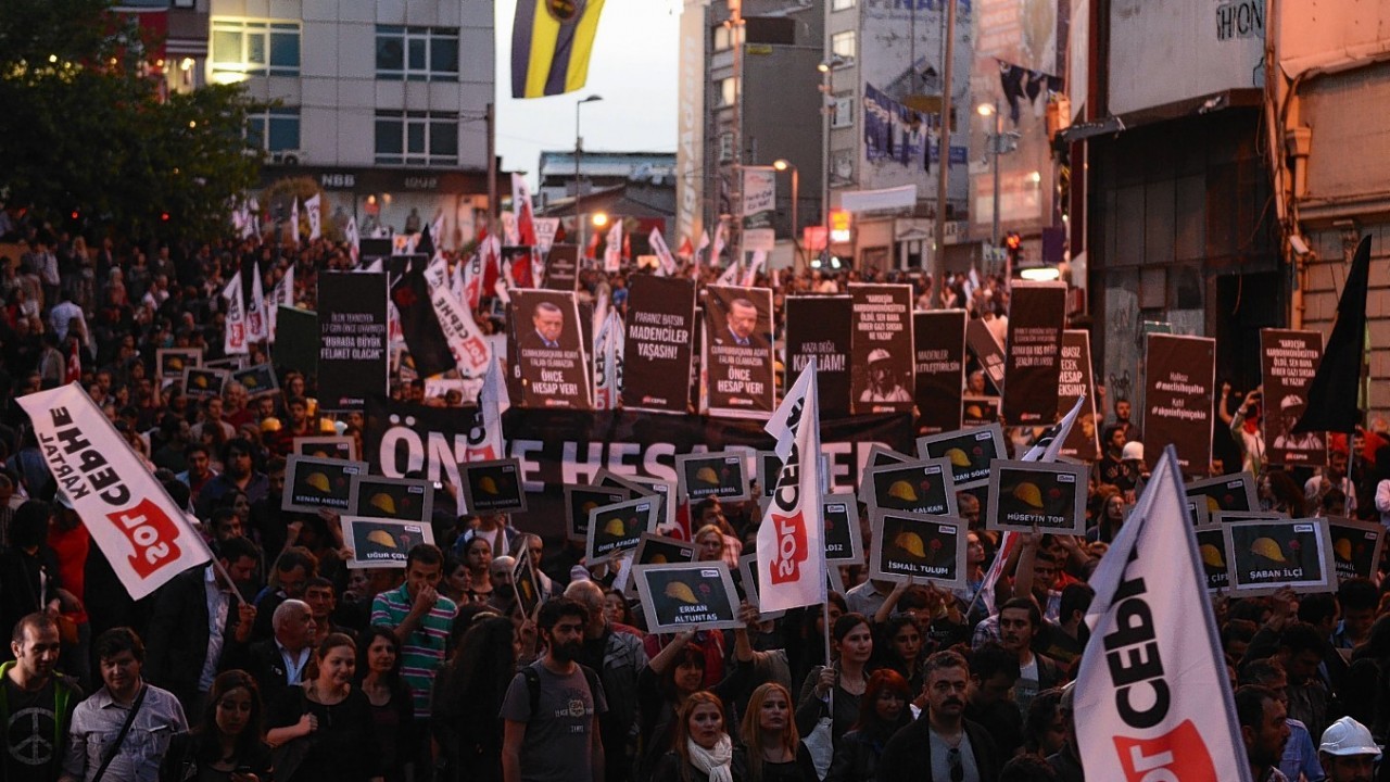 Thousands of protesters march to condemn the Soma mine disaster and government's labor policy, in Istanbul,