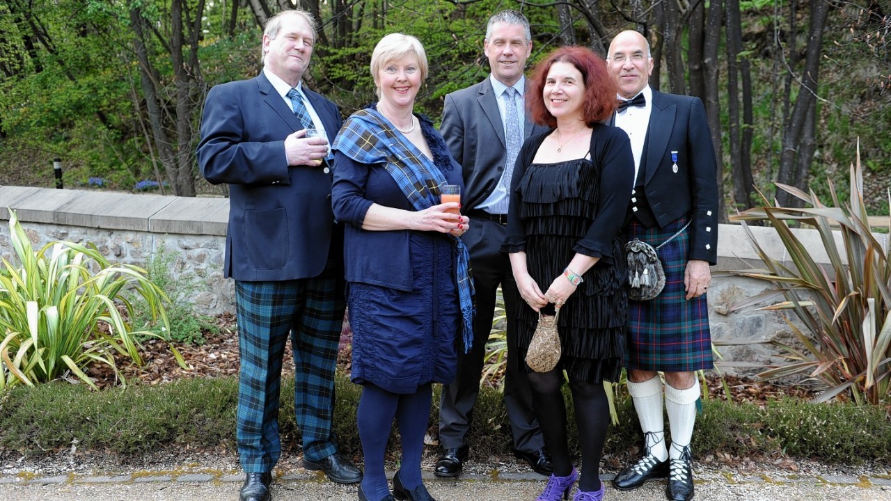 The opening of the Speyside Whisky Festival at Glen Grant Distillery, Rothes. L-R: Bob Anderson, Ann Miller, Alan Winchester, Virginia Bolfek, and Gavin Hewitt.