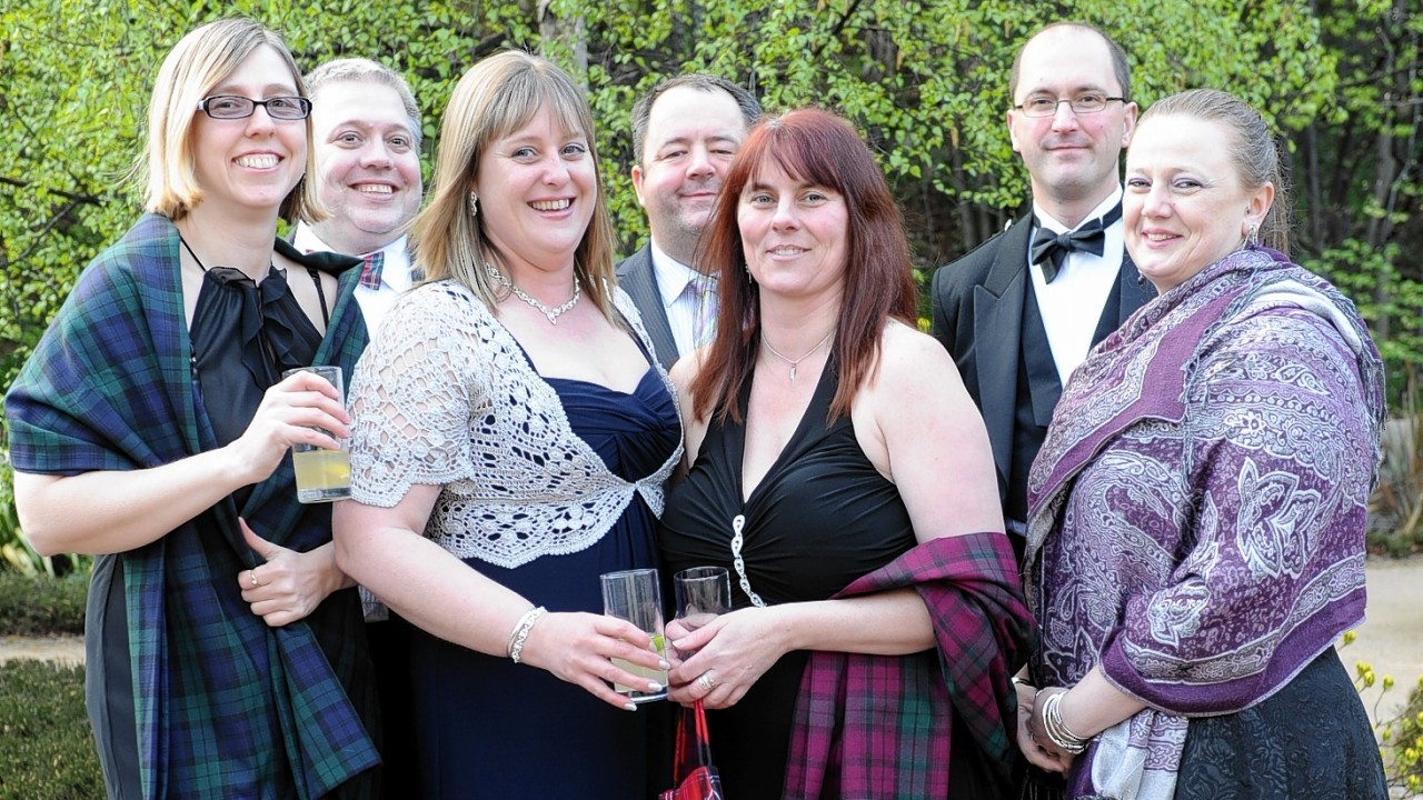 The opening of the Speyside Whisky Festival at Glen Grant Distillery, Rothes. L-R: Gemma Walters, Warren Marsden, Yvonne Docherty, Phil Yorke, Victoria Keough, Mike LOrd, and Val Lord.