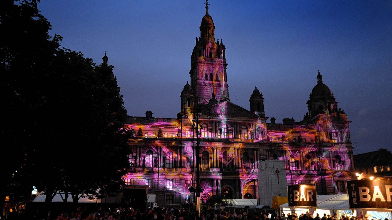 Projections on the front of Glasgow City Chambers during Radio 1's Big Weekend at Glasgow Green, Glasgow