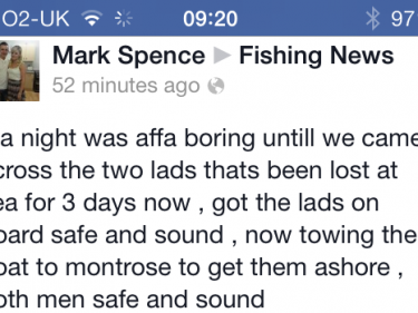 Facebook post by Mark Spence about finding the missing fishermen