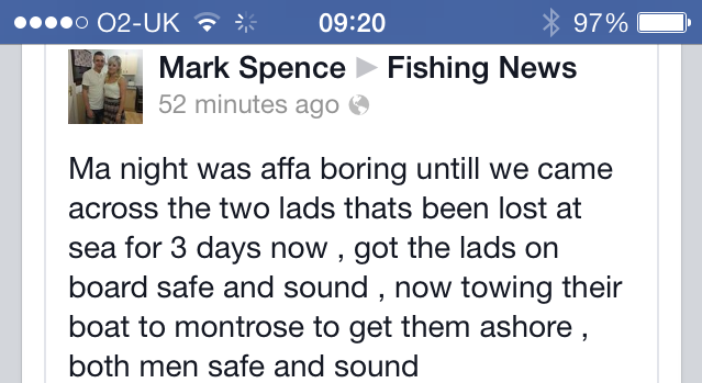 Facebook post by Mark Spence about finding the missing fishermen