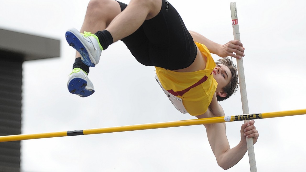North District Athletic Championships at Queens Park Stadium, Inverness. Daniel McFarlane competes in the Pole Vault.