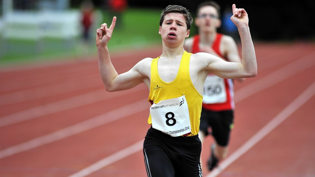 North District Ahtletic Championships at Queens Park Stadium, Inverness. Joe Arnaud, Inverness Harriers, wins the u15 800m final.
