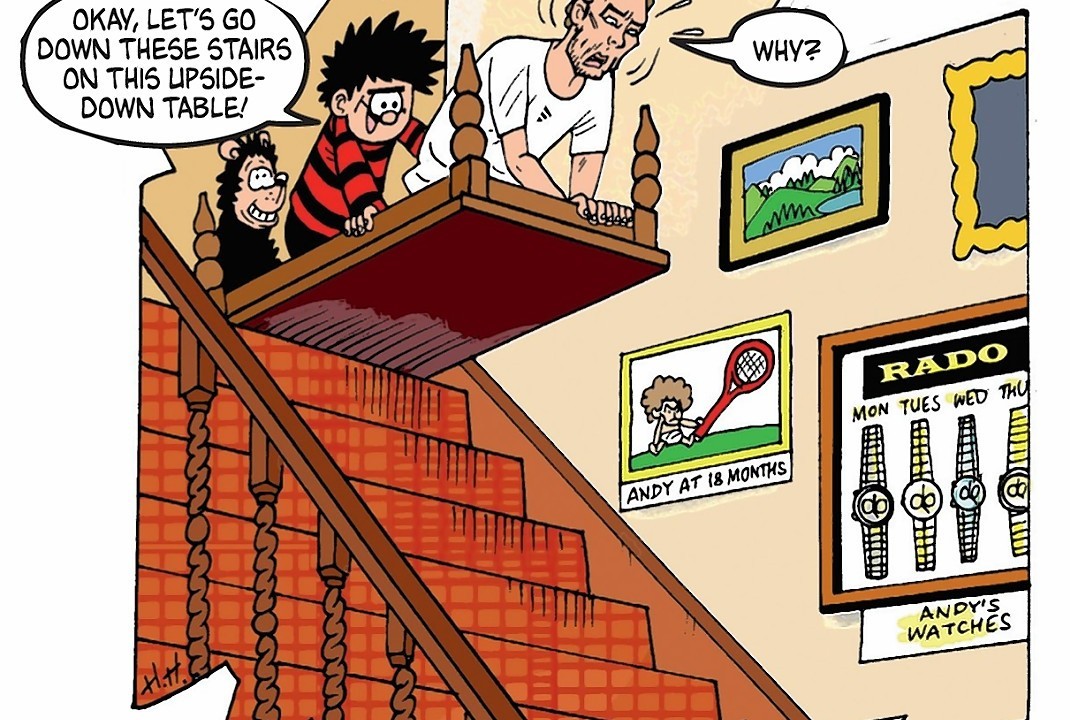 Wimbledon champion Andy Murray is in the Dennis the Menace and Gnasher strip in which the tennis star is coached in how to be a menace and how to control his emotions ahead of an upcoming tennis tournament.