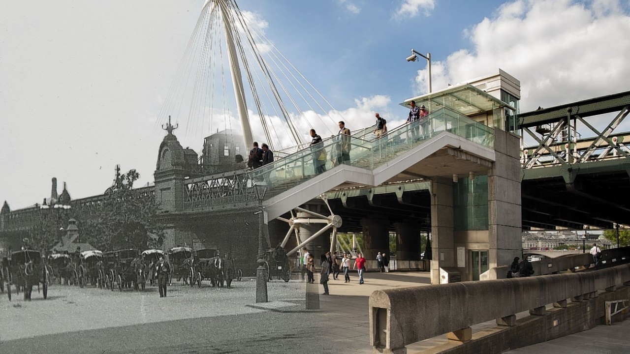 Charing Cross Railway Bridge, London, in the modern day and in late 19th century, as the Museum of London Docklands released photographs showing then and now views of London and its most iconic bridges across the ages ahead of their new art exhibition 'Bridge'.