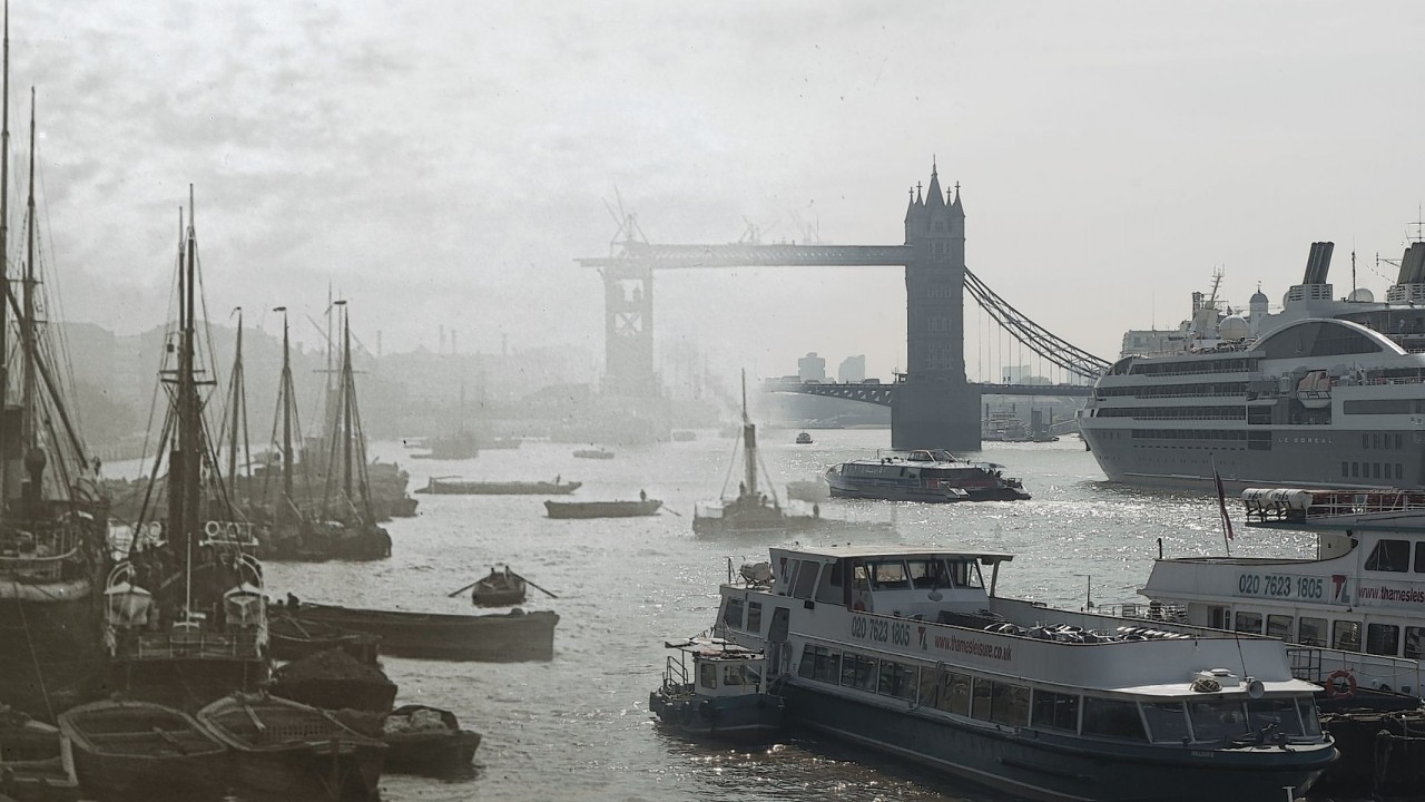 Lower pool with Tower Bridge, London, under construction in the late 19th century and in the modern day, as the Museum of London Docklands released photographs showing then and now views of London and its most iconic bridges across the ages ahead of their new art exhibition 'Bridge'.