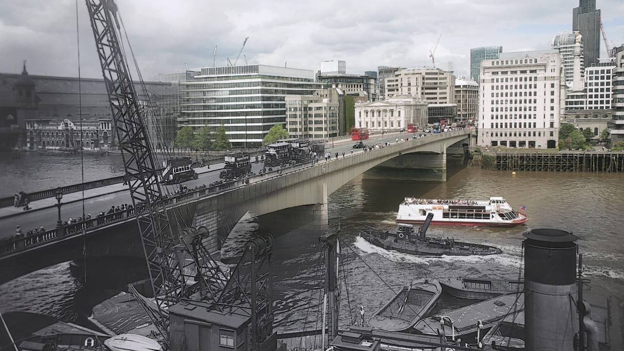 Looking north across London Bridge in the 1920s and in the modern day, as the Museum of London Docklands released photographs showing then and now views of London and its most iconic bridges across the ages ahead of their new art exhibition 'Bridge'
