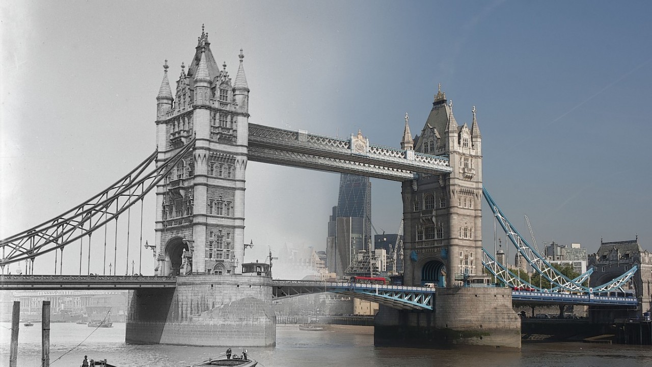 Tower Bridge, London, circa 1903-1910 and in the modern day, as the Museum of London Docklands released photographs showing then and now views of London and its most iconic bridges across the ages ahead of their new art exhibition 'Bridge'.