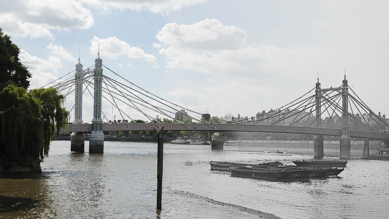 Albert Bridge, London, in the modern day and in late 19th century, as the Museum of London Docklands released photographs showing then and now views of London and its most iconic bridges across the ages ahead of their new art exhibition 'Bridge'.