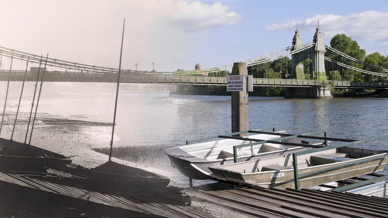 Museum of London Docklands showing Hammersmith Bridge in 1955 and in the modern day, as the Museum of London Docklands released photographs showing then and now views of London and its most iconic bridges across the ages ahead of their new art exhibition 'Bridge'.