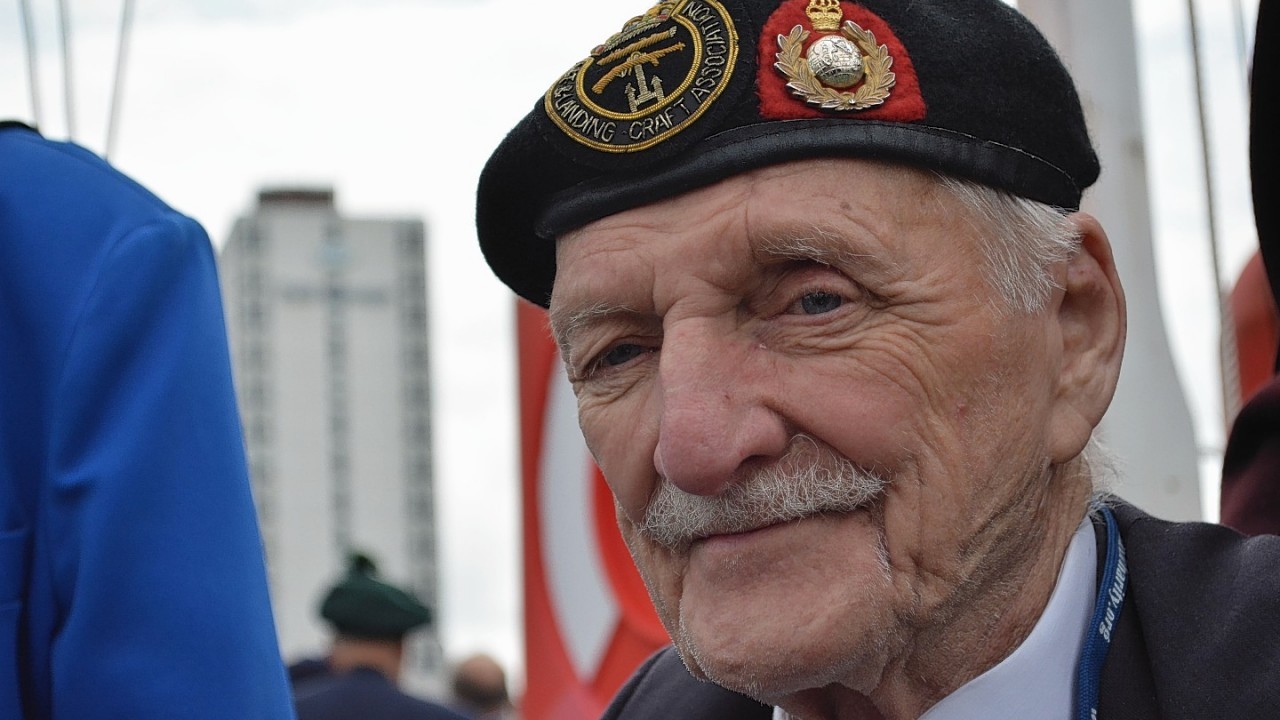 Jim Baker, 91, from Blackpool, who landed on Juno Beach as a Royal Marine Commando on D-Day, during a visit to the Portsmouth Historic Dockyard ahead of the 70th anniversary of the D-Day campaign