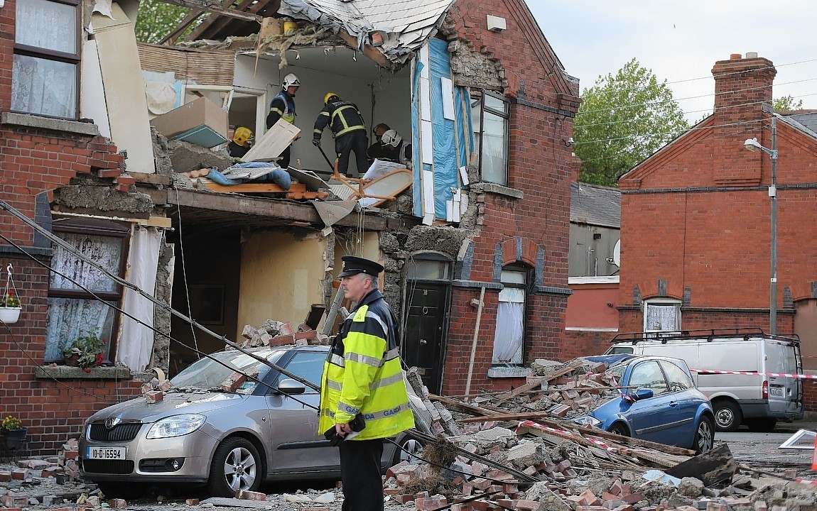 Emergency services at the scene in a suspected gas explosion on Sullivan Street, near Infirmary Road north inner city Dublin