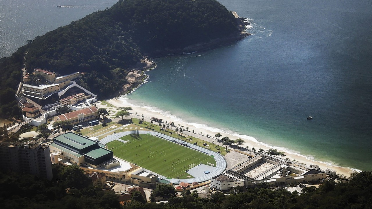 An aerial view of England's national soccer team training session in progress at the Urca military base near Copacabana beach, Rio de Janeiro, Brazil.