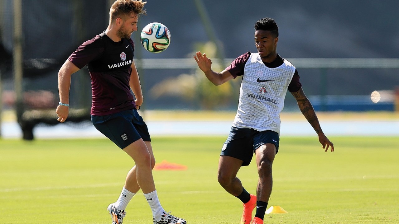 England's Raheem Stirling and Luke Shaw (left) during the training session at Urca Military Training Ground, Rio de Janeiro, Brazil.