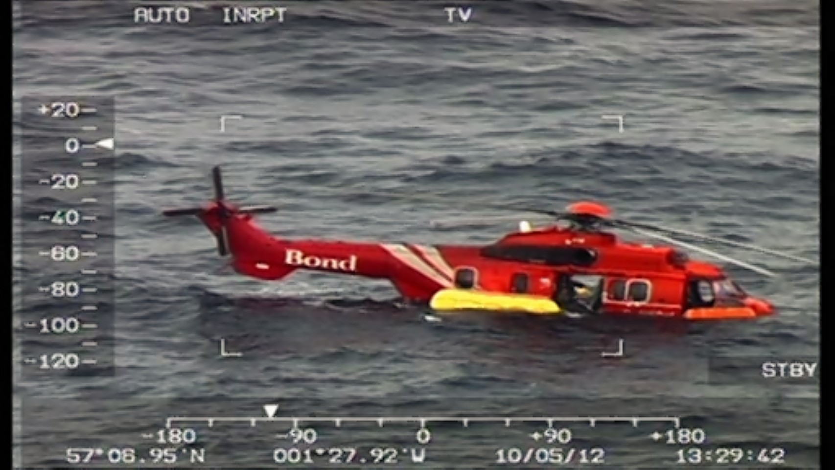 The downed Bond EC 225 Super Puma helicopter in the North Sea around 30 miles off the coast of Aberdeen