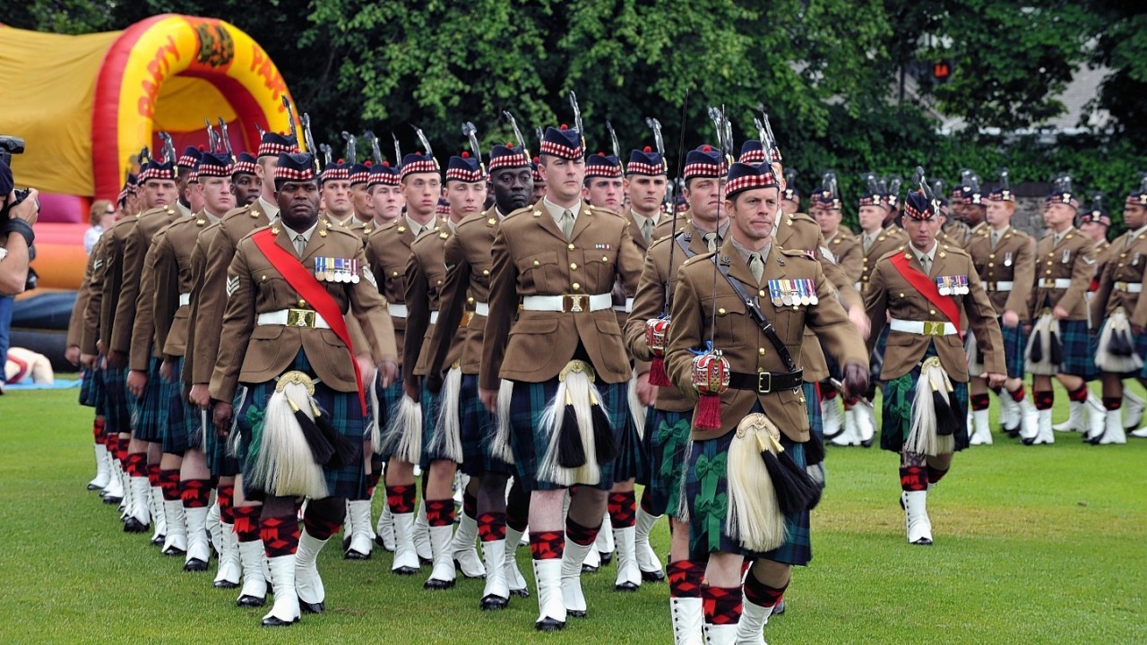Armed Forces Day Parade in Inverness. 
4SCOTS The Highlanders march onto the field at the Northern Meeting Park for the drumhead service.