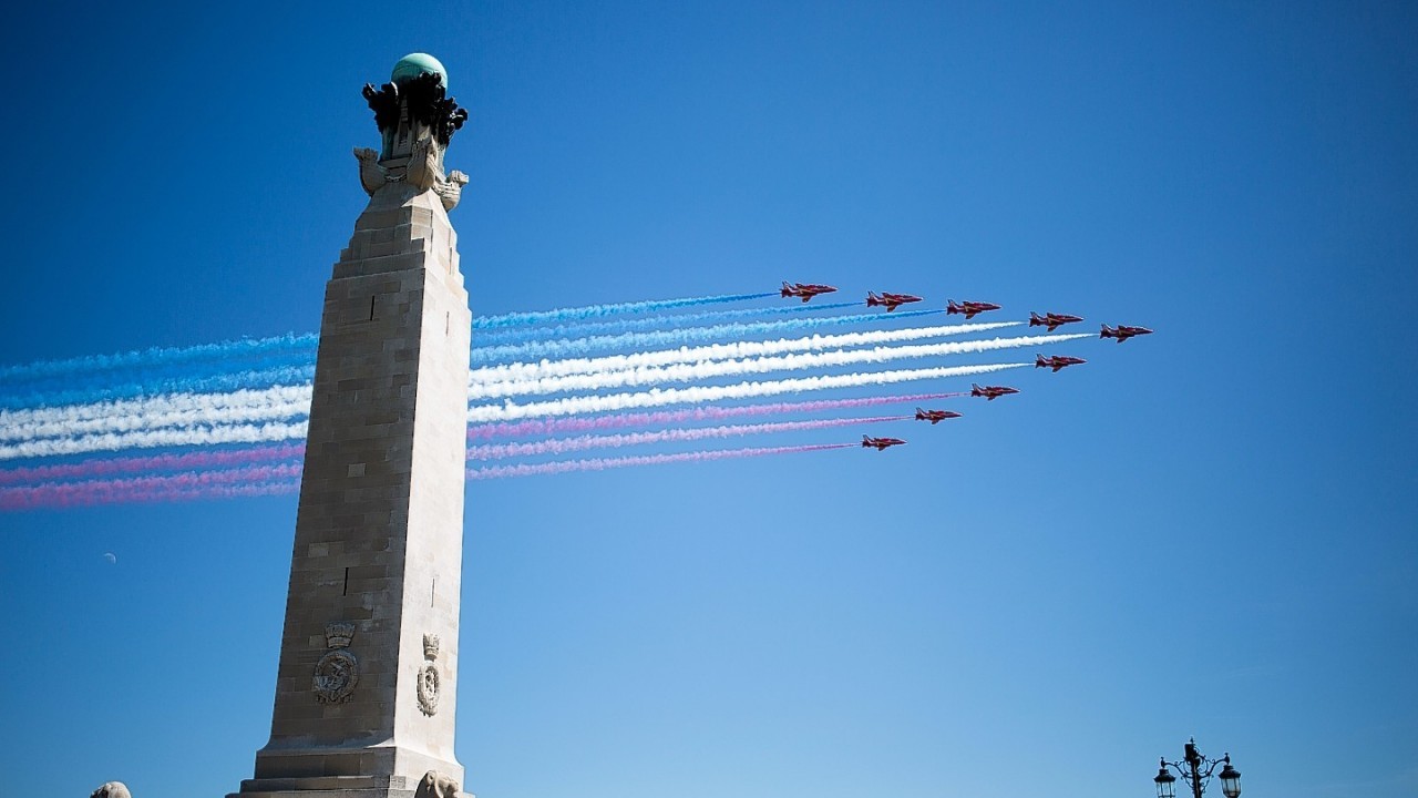 The RAF's Red Arrows perform over  Southsea Common in Hampshire, to mark the 70th Anniversary of the D-Day landings.