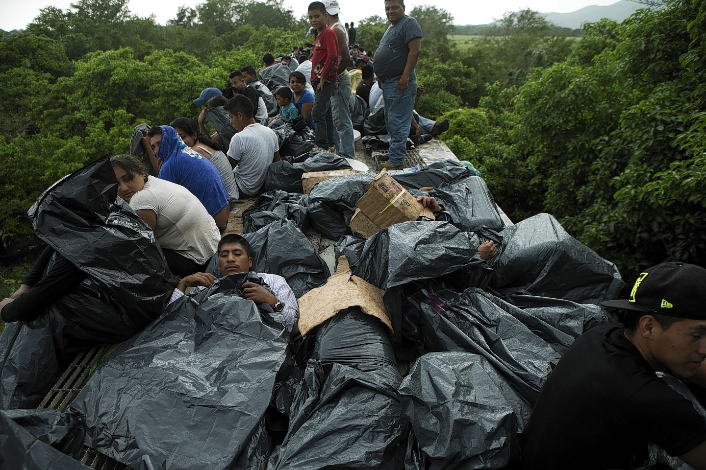 Central American migrants use trash bags and cardboard to protect themselves from the rain as they wait atop a stuck freight train, outside Reforma de Pineda, Chiapas state, Mexico. 