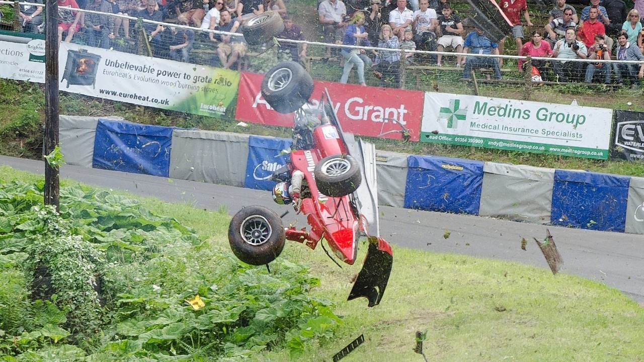 The dramatic moment capturing racing driver Wallace Menzies flipping his car whilst doing 120mph at Shelsley Walsh, Worcestershire