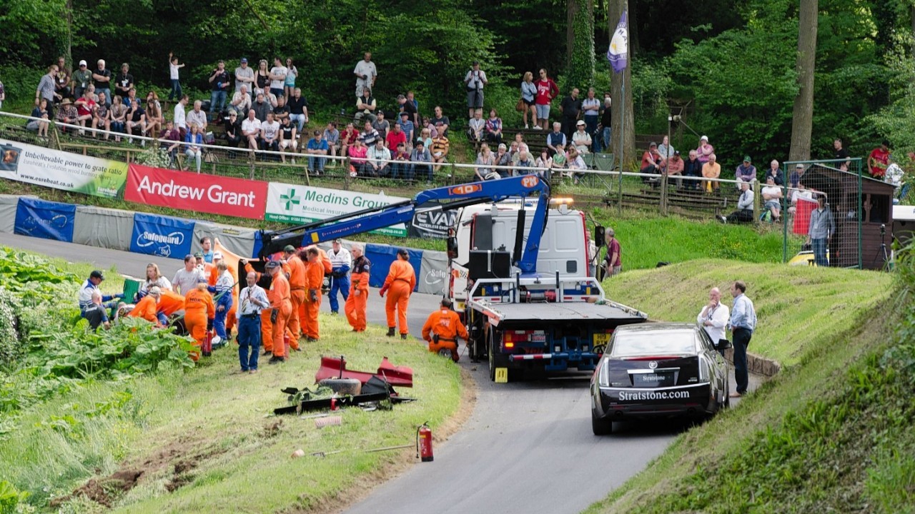 The dramatic moment capturing racing driver Wallace Menzies flipping his car whilst doing 120mph at Shelsley Walsh, Worcestershire