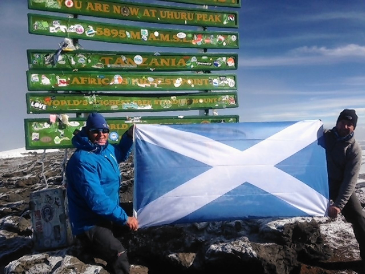 The saltire unveiled at the top of Kilimanjaro