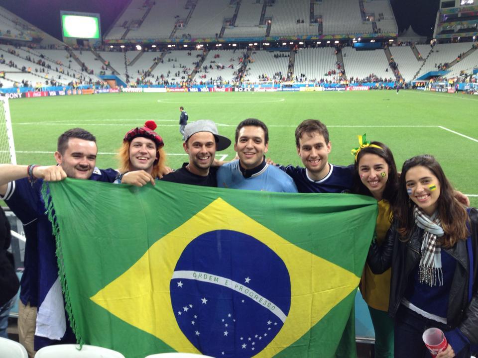 The Aberdeen lads with their Brazil flag at the World Cup stadium