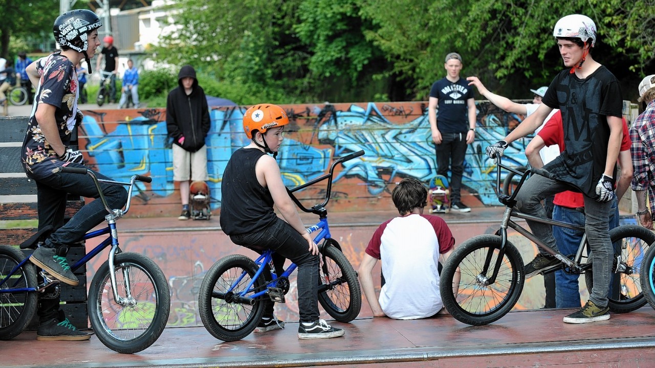 Bught Park, Inverness.  Pictured, skateboarders and bmx'ers hold a Skate Jam as a farewell party for the old track.