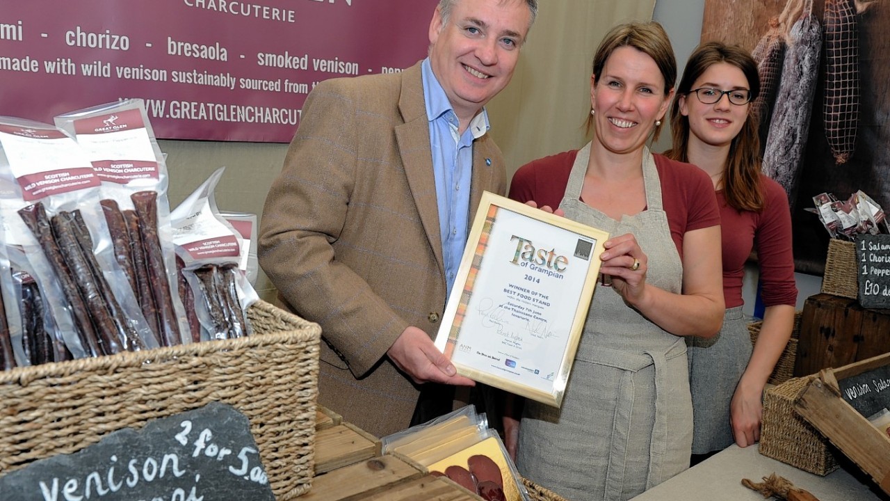 Taste of Grampian at Thainstone Centre, Inverurie. In the picture for the best stand Great Glen Charcuterie, are Richard Lochhead, Anja Baak and Pietermel Baak.