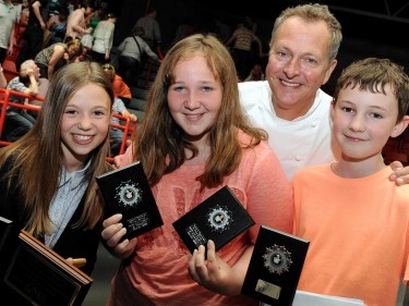 Best school cooking competition with Nick Nairn and Kintore pupils from left: Erin Allanach, Mackenzie Hutchieson and Josh Allan