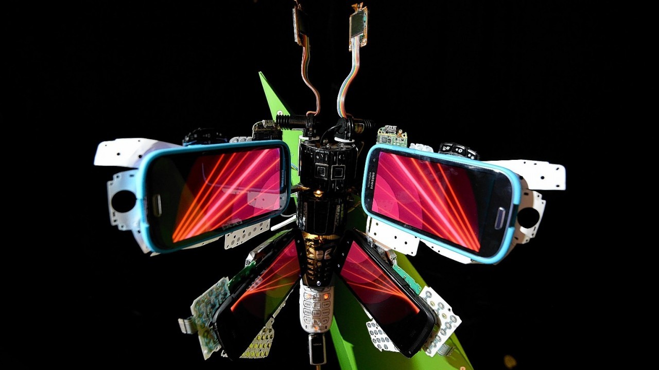General view of a Digital butterfly commissioned by O2 Recycle which has been made out of smartphone components.