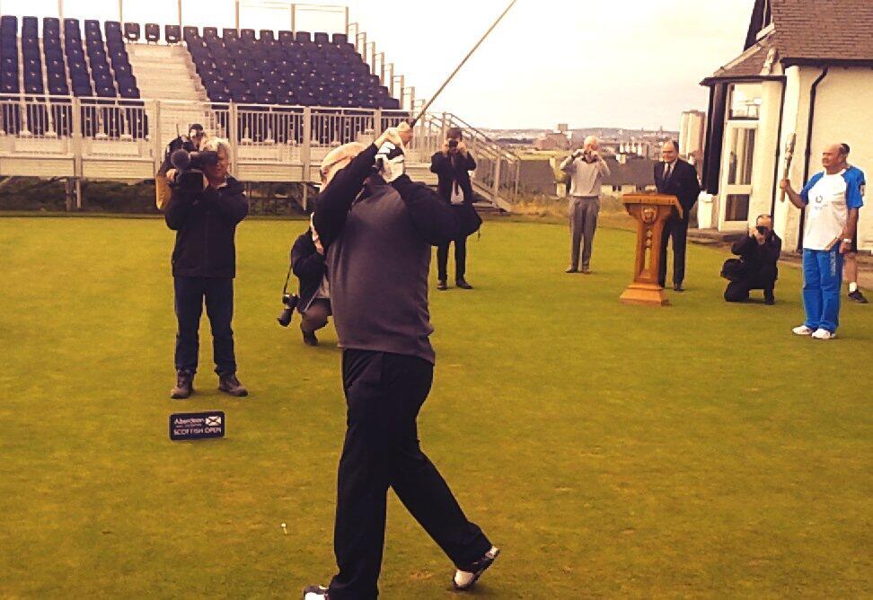 Willie Miller tees off the Baton Relay