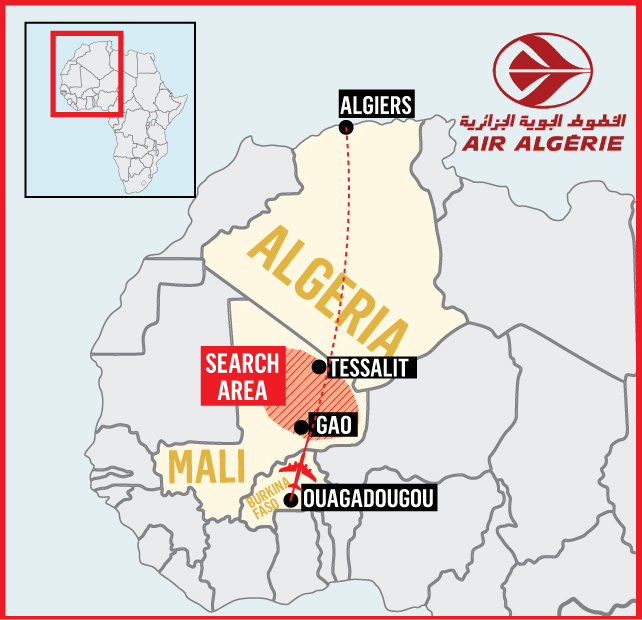 Map of the location where the Algerian crash is thought to have gone missing