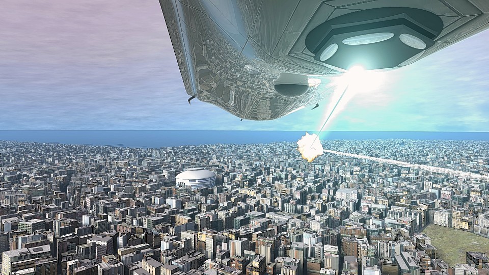 An artist impression of a futuristic aircraft fitted with a directed energy weapon that could engage missiles at the speed of light.