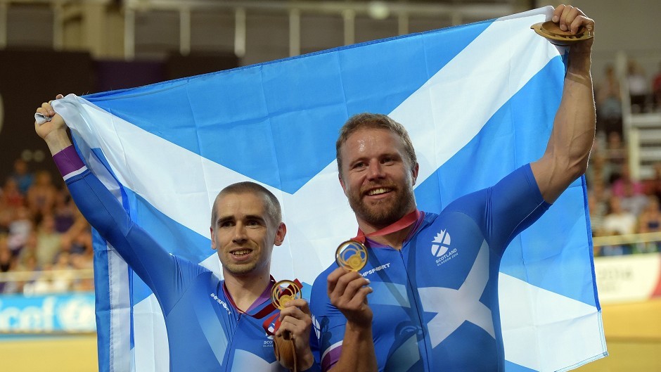 Scotland's Neil Fachie celebrates winning at the Commonwealth Games