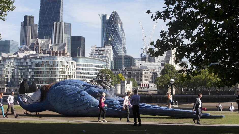 A giant dead parrot is unveiled on London's South Bank to promote the live broadcast of the final Monty Python Live stage show on comedy TV channel Gold this Sunday