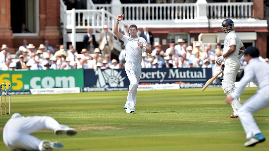 James Anderson celebrates taking the wicket of India opener Shikhar Dhawan