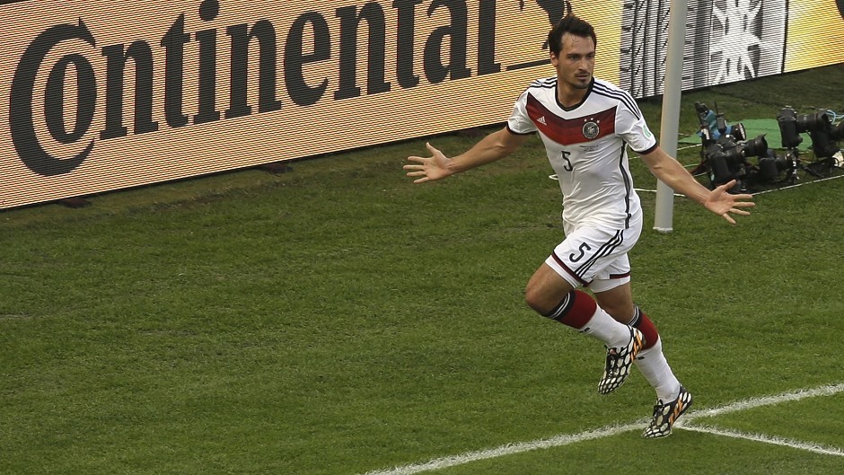 Germany's Mats Hummels celebrates his winner against France during the World Cup