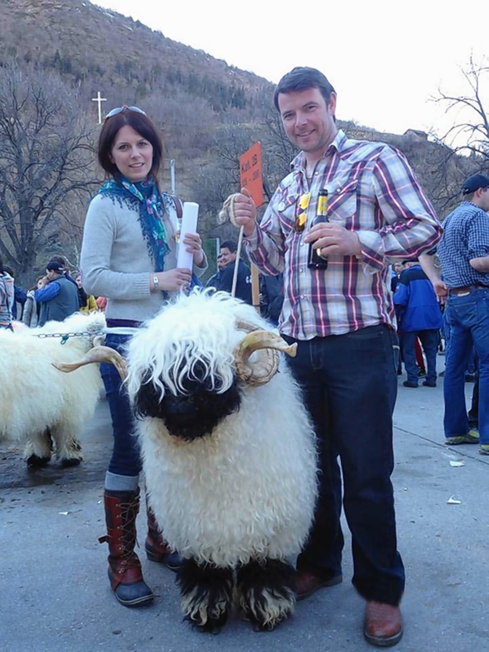 Raymond Irvine and Jenni McAllister with their Valais Blacknose sheep