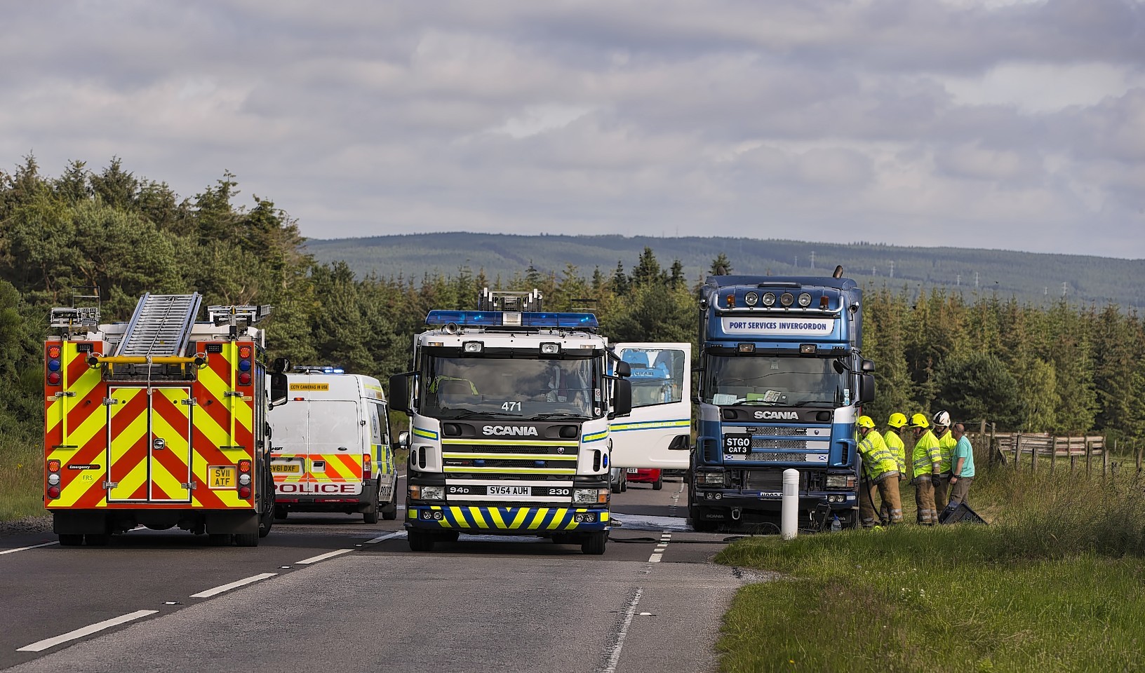 The lorry on fire on the A96 in Moray