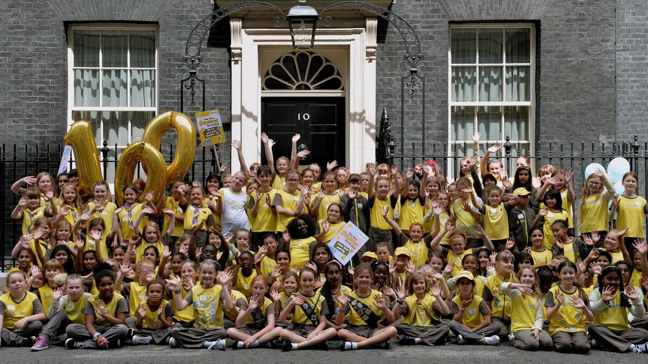 Brownies arrive for a reception hosted by the Prime Minister David Cameron to celebrate the centenary of the Brownies, Downing Street, central London