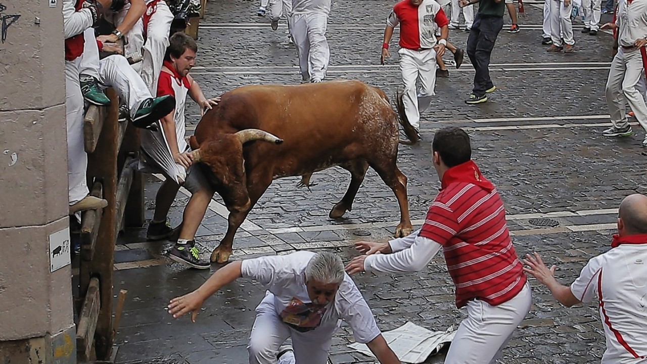 The running of the bulls of the San Fermin festival, in Pamplona, Spain, Sunday, July 13, 2014
