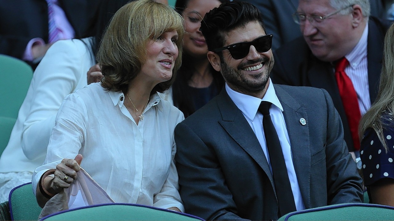 Fiona Bruce and Andrew Levitas, fiance of Katherine Jenkins, sit in the Royal Box during day nine of the Wimbledon Championships at the All England Lawn Tennis and Croquet Club, Wimbledon
