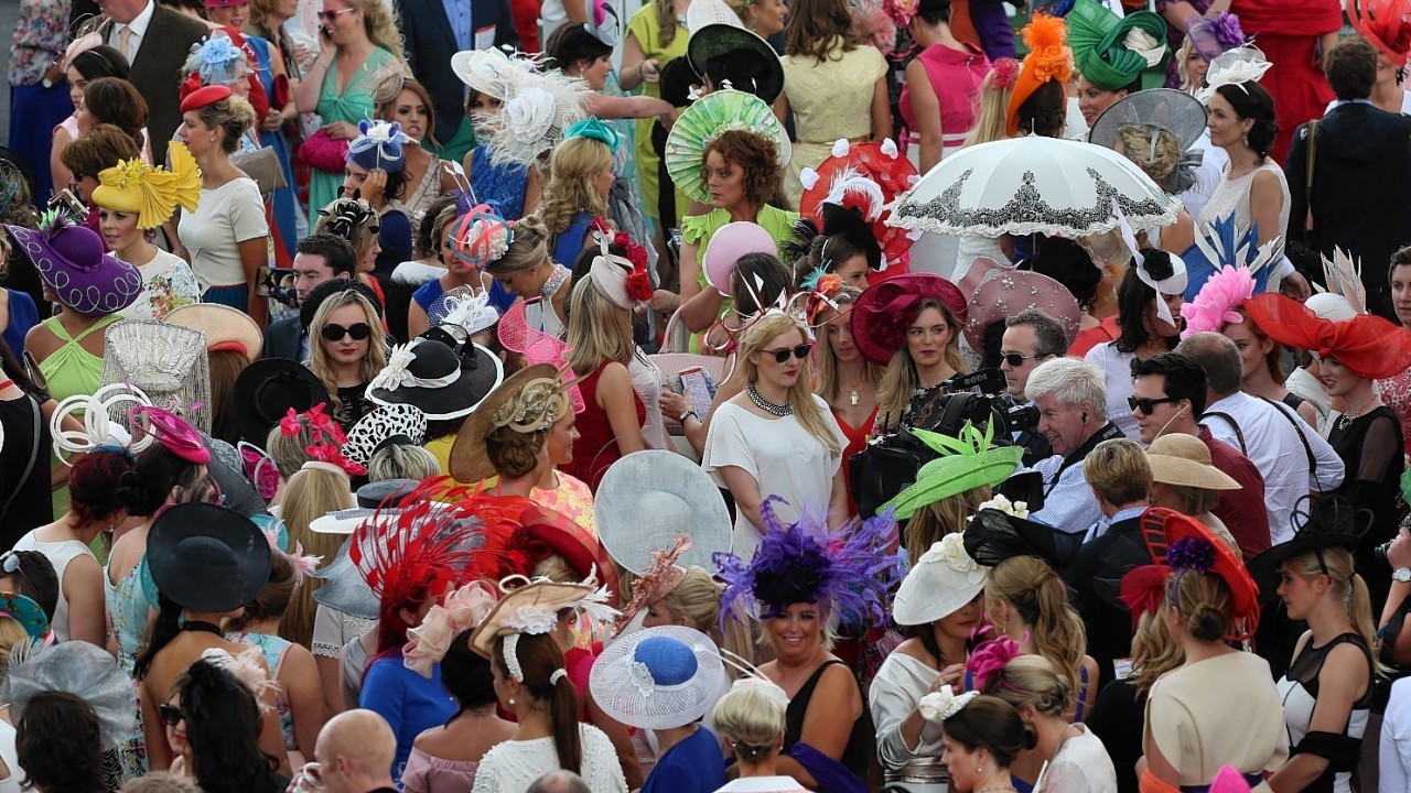 Entrants gather for the Ladies Day cometition at the Galway Festival at Galway Racecourse, Ireland