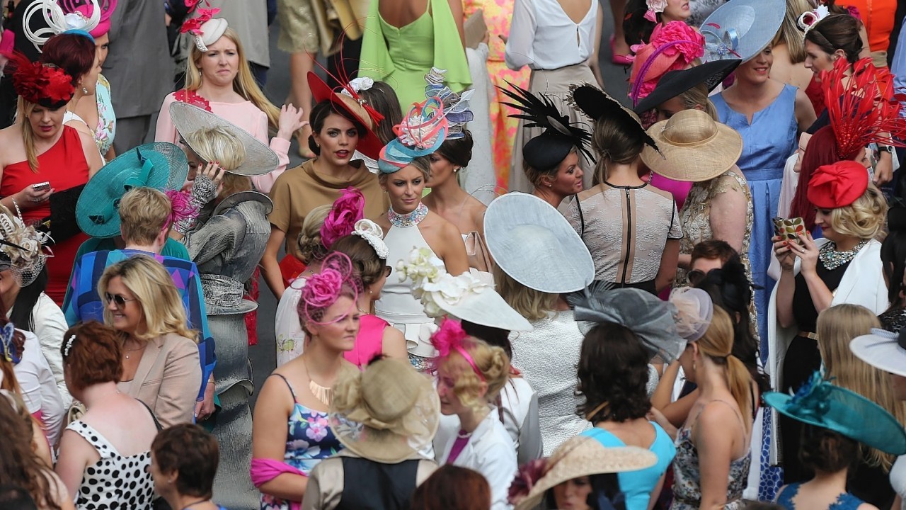 Entrants gather for the Ladies Day cometition at the Galway Festival at Galway Racecourse, Ireland