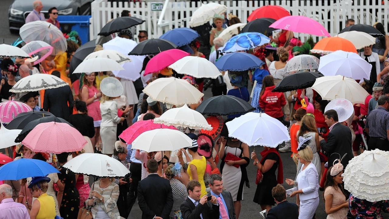 Entrants gather for the Ladies Day cometition at the Galway Festival at Galway Racecourse, Ireland