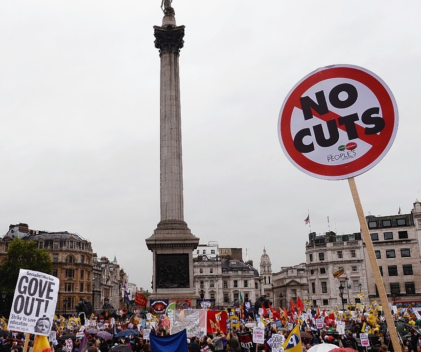 Public sector workers in Trafalgar Square, London, as they take part in the one-day walkout as part of bitter disputes over pay, pensions, jobs and spending cuts.