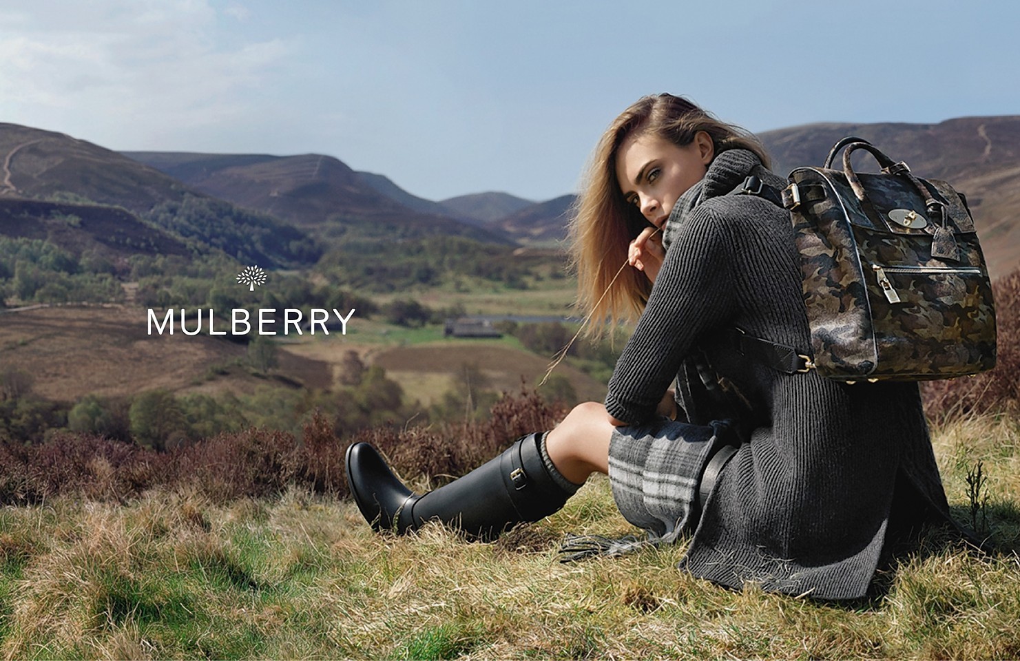 Cara Delevingne in the Highlands modelling Mulberry clothing