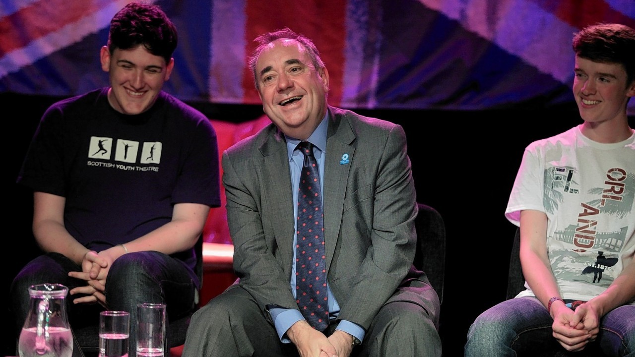 Alex Salmond visits the Scottish Youth Theatre to meet with the cast of Now's The Hour, a show performed by first-time voters aged 16 and 17 about their attitudes towards the forthcoming Scottish independence referendum
