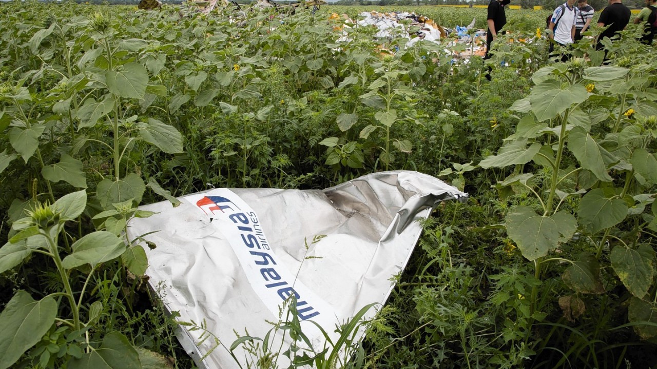 A piece of a plane with the sign "Malaysia Airlines" lies in the grass as a group of Ukrainian coal miners search the site of a crashed Malaysian passenger plane near the village of Rozsypne, Ukraine